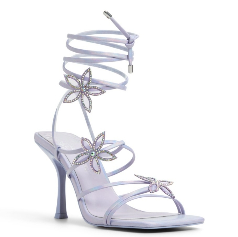 Lilac Strappy Floral Crystal Lace-Up Heel